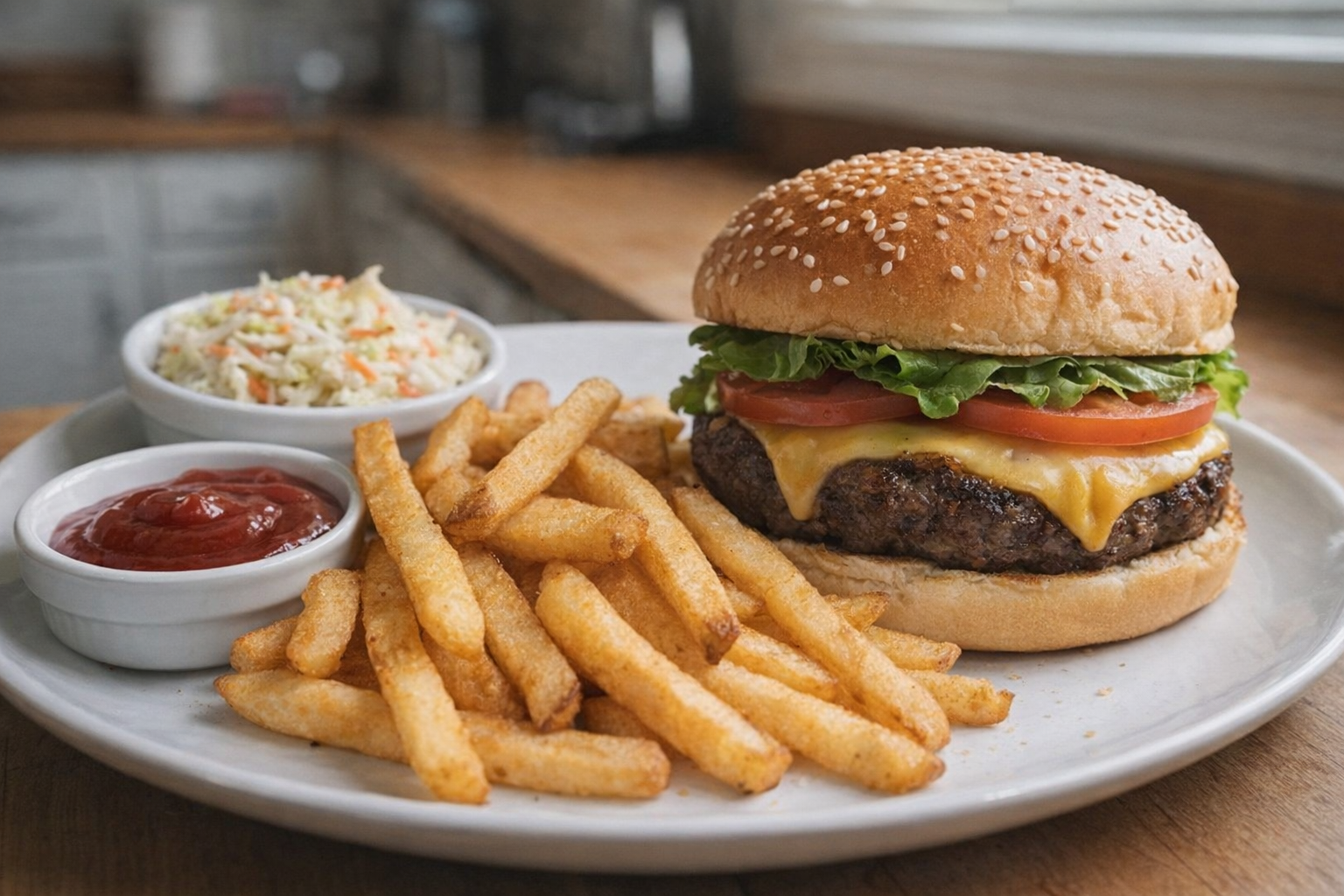 Plated reheated french fries served with a burger, ketchup, and a side of coleslaw. Studio lighting, eye-level shot